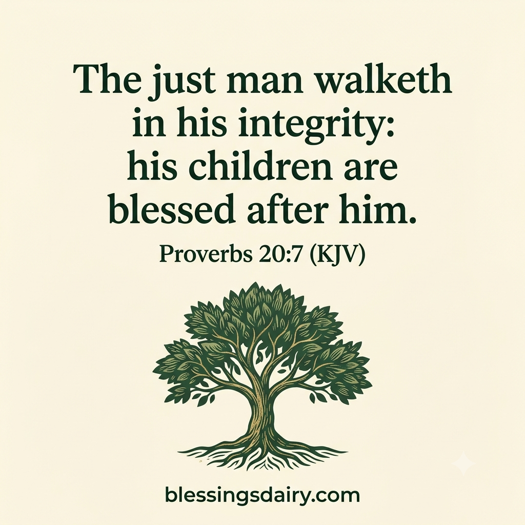 Woodcut-style rooted tree beneath the Father's Day Bible verse Proverbs 20:7