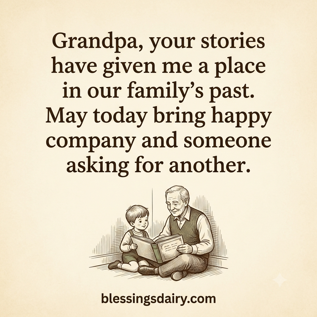 Sepia illustration of Grandpa sharing a family album beside a Father's Day blessing