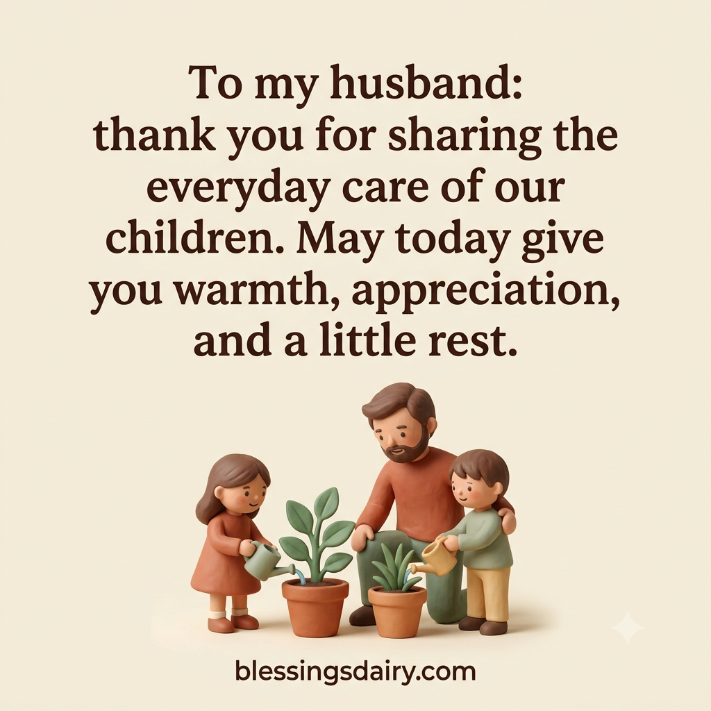 Clay-style father and children caring for plants beside a Father's Day blessing for a husband
