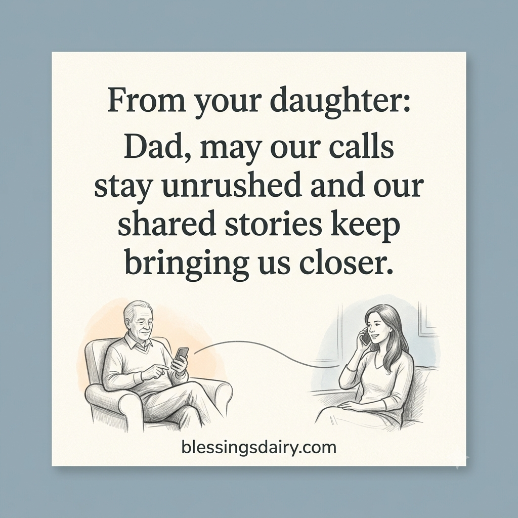 Pencil drawing of a father and daughter on a call beside a Father's Day blessing