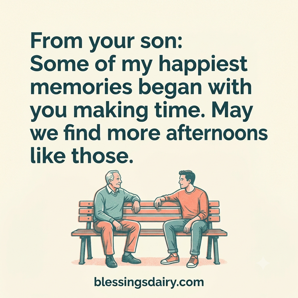 Risograph-style father and son on a bench with a blessing about shared afternoons
