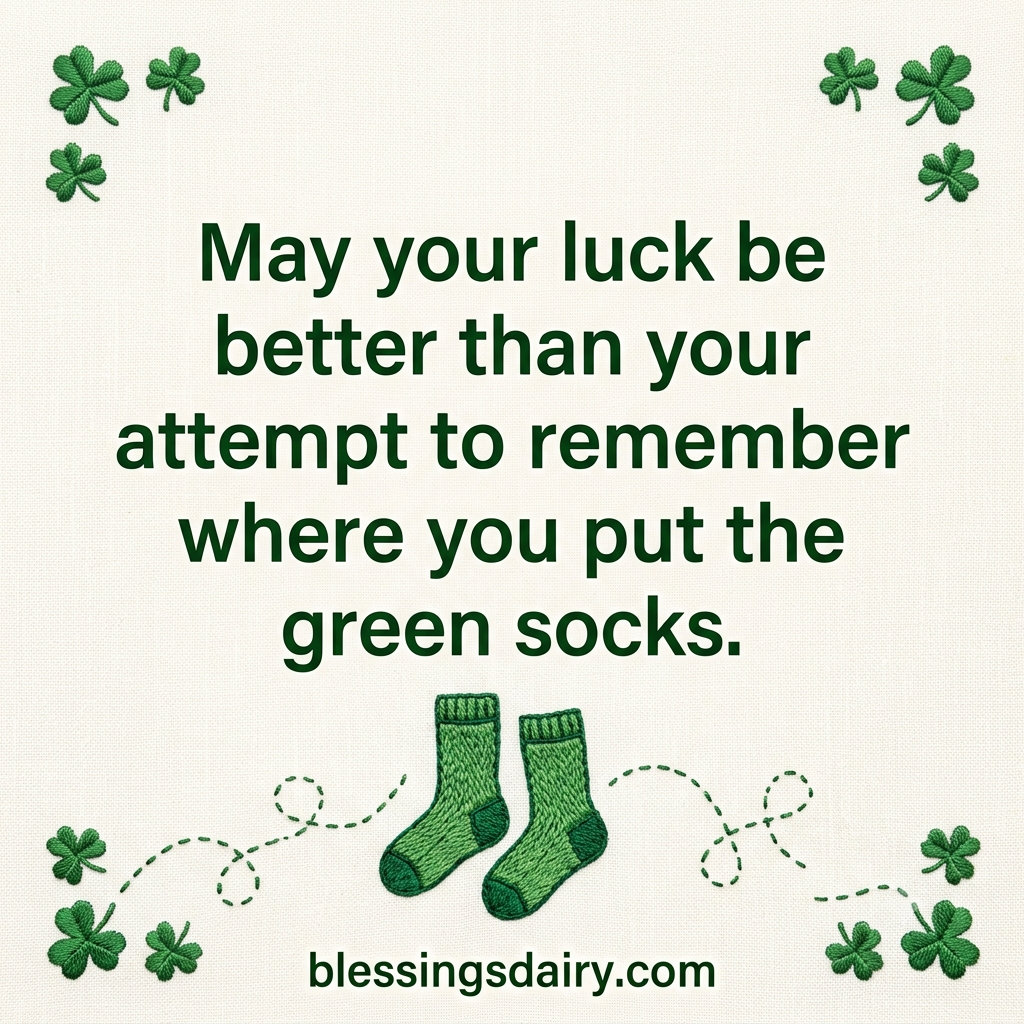 Embroidered green socks and shamrocks below a humorous St. Patrick's Day blessing about remembering where the socks are.