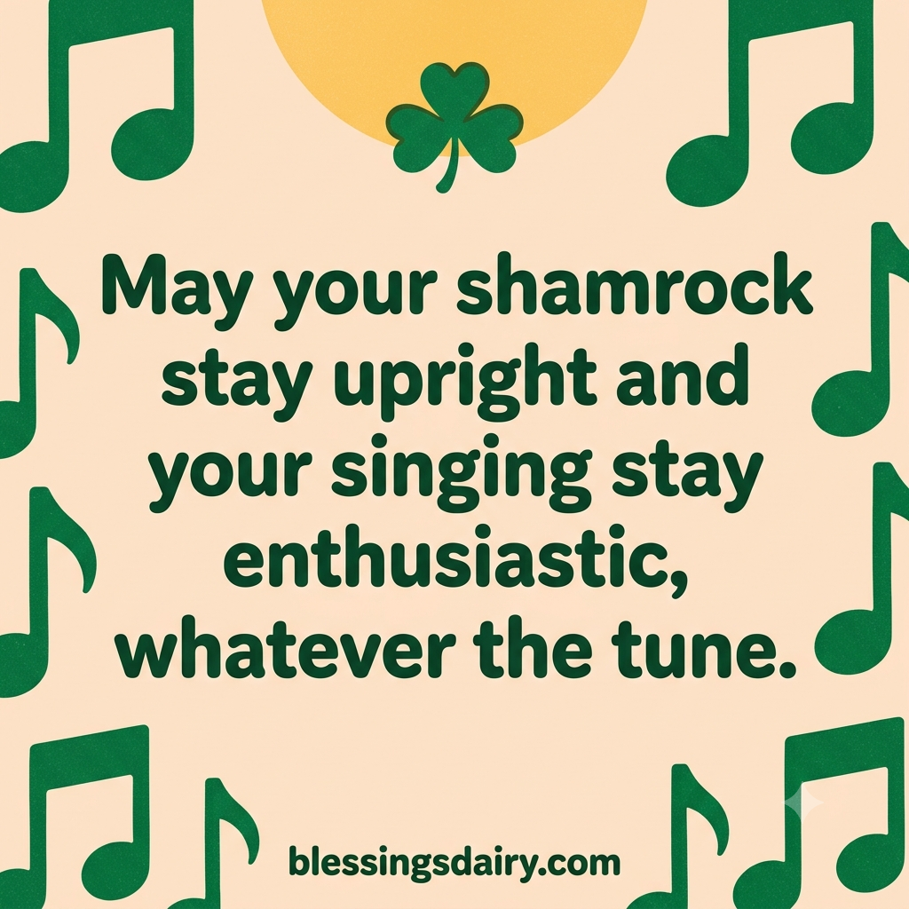 Retro green musical notes and a shamrock framing a funny blessing about enthusiastic singing.