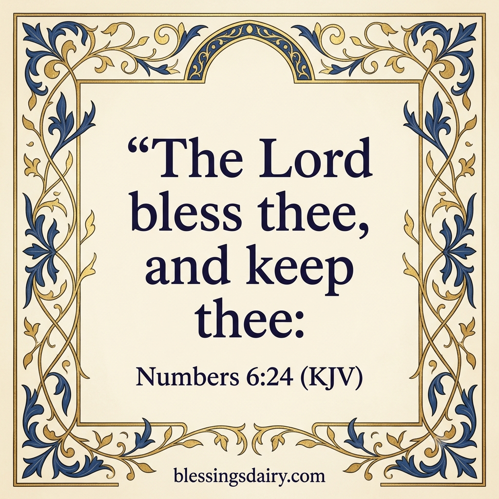 Gold and blue manuscript border around the Numbers 6:24 blessing from the King James Version.