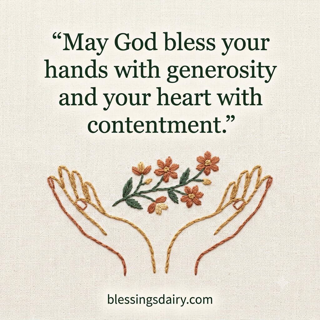 Embroidered open hands on linen with a blessing for generosity and contentment.