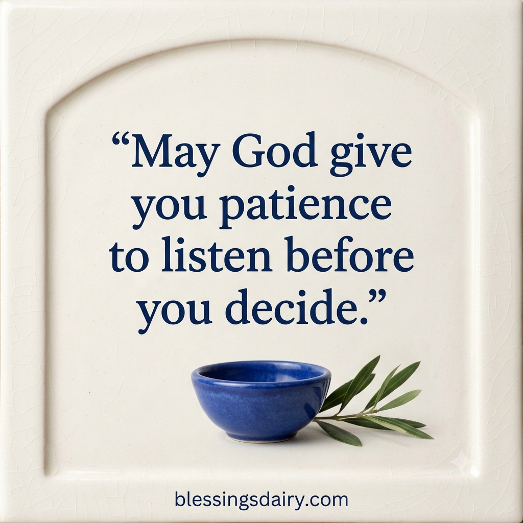 Ceramic tile with an olive branch and a blessing asking God for patience to listen.