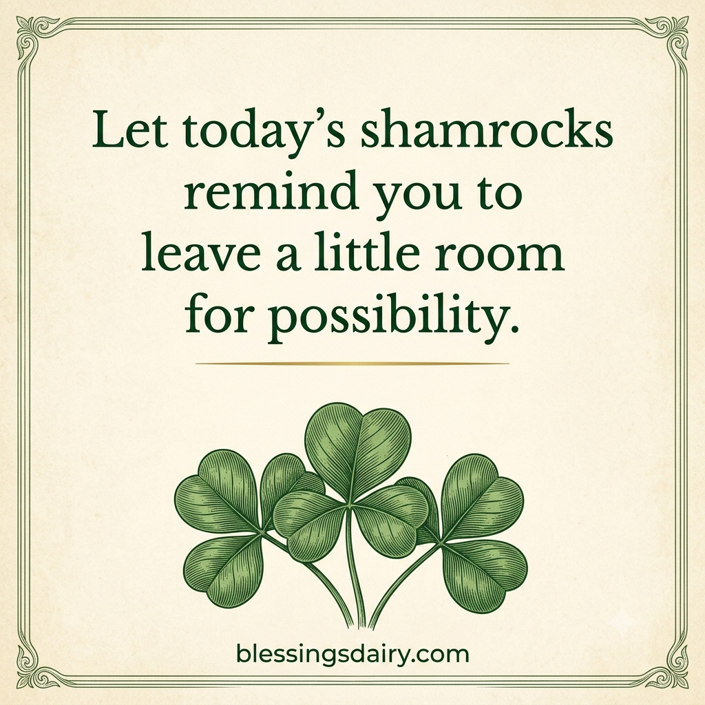 Vintage-style engraving of a three-leaf shamrock beneath a blessing about leaving room for possibility.