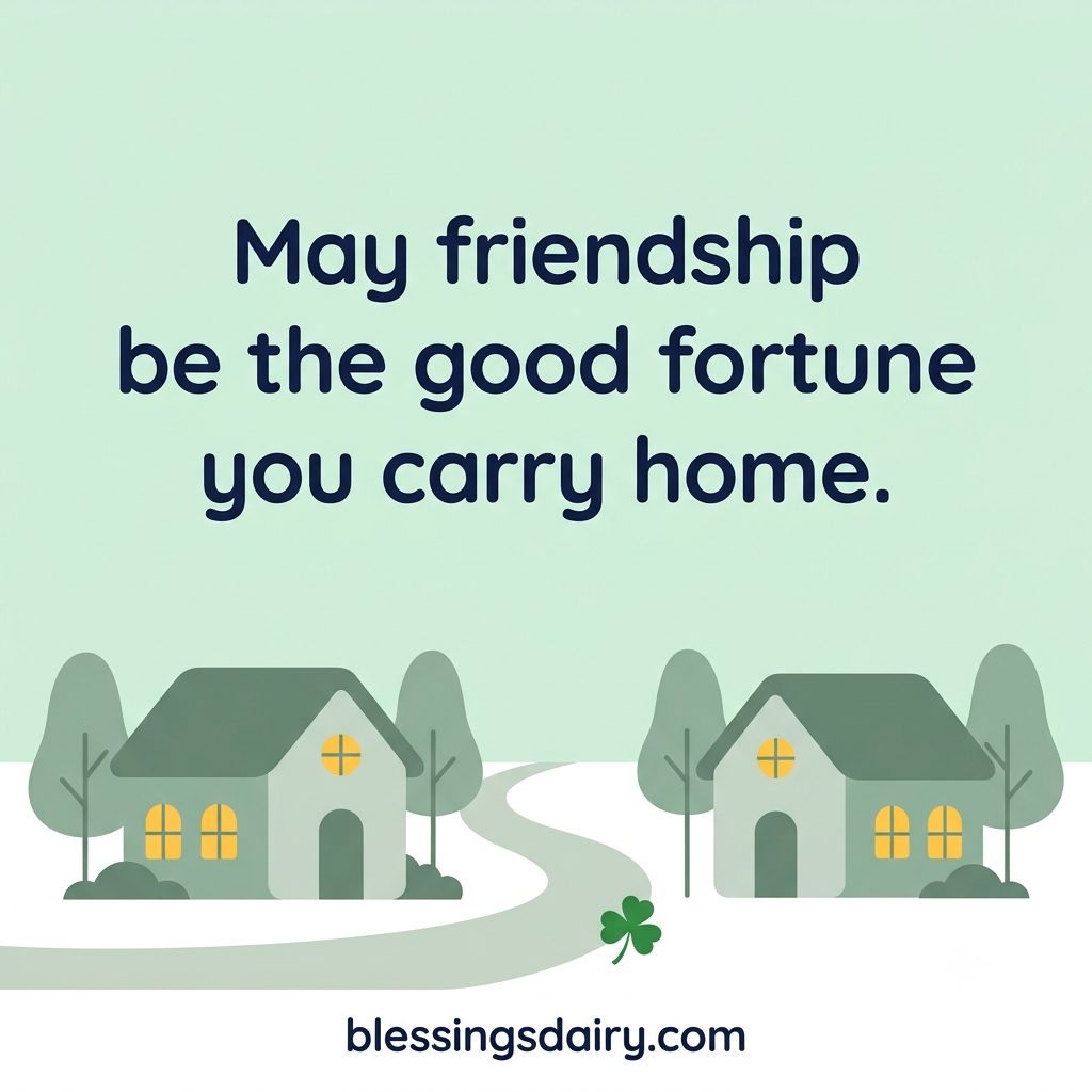 Two illustrated houses connected by a path beneath a short blessing about friendship and good fortune.