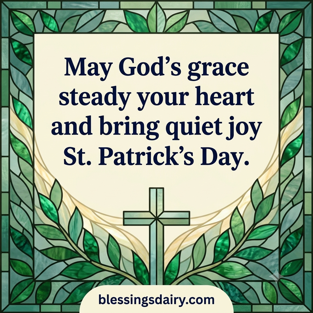 Green and gold stained-glass-inspired cross framing an original blessing for God's grace and quiet joy.