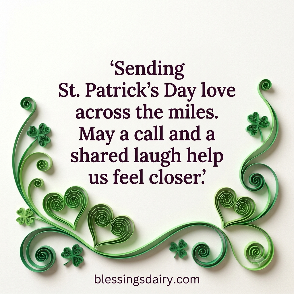 Quilled paper hearts connected by a green ribbon around a family blessing sent across the miles.