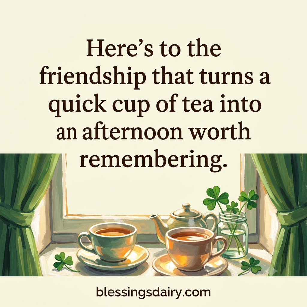 Gouache teapot and two cups beside green curtains under a toast to friendship.