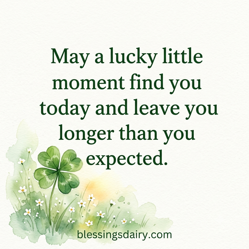 Watercolor four-leaf clover in a meadow with an original wish for a lucky little moment.