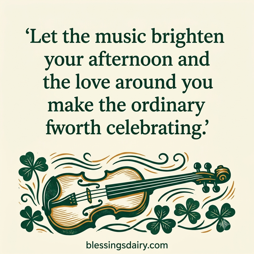 Emerald linocut fiddle and shamrock sprigs below a blessing about music and love.
