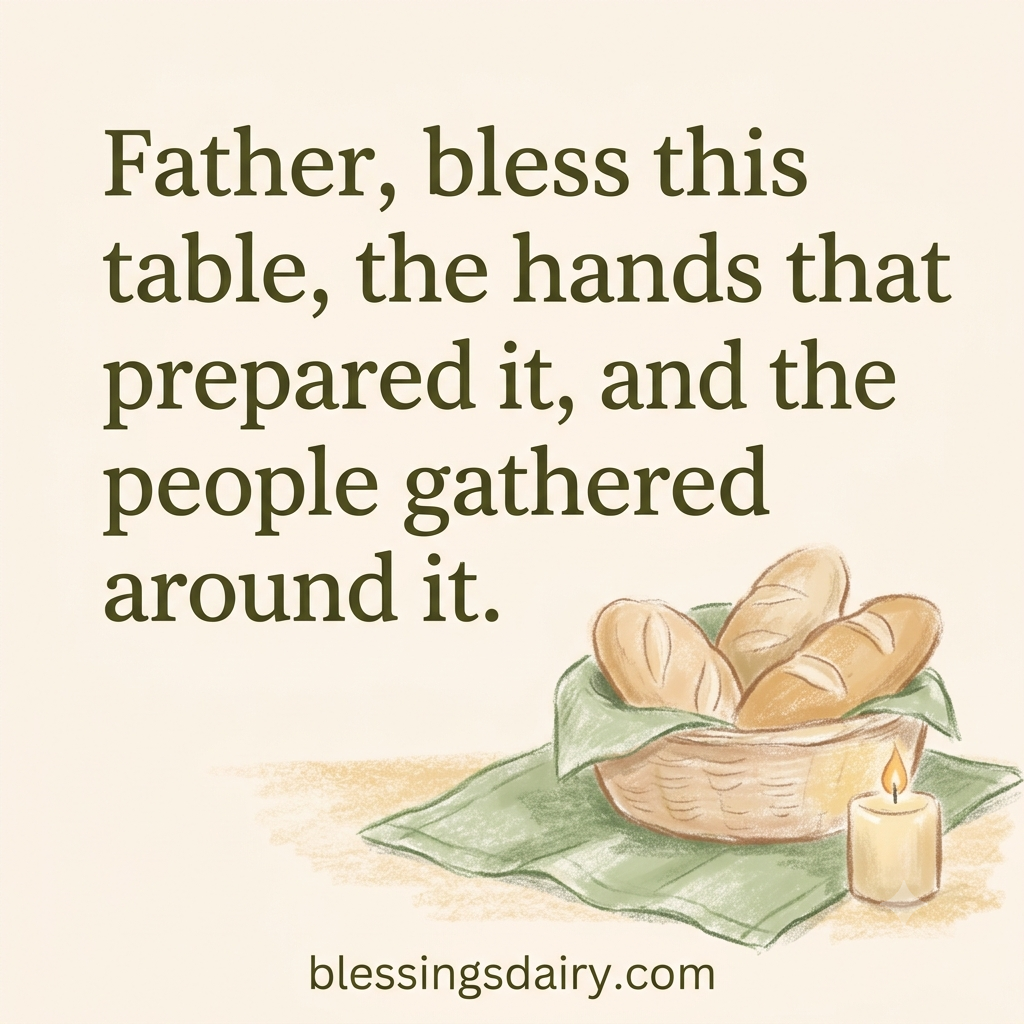 Pastel bread basket, candle and green tablecloth beneath a prayer for the people gathered around the table.