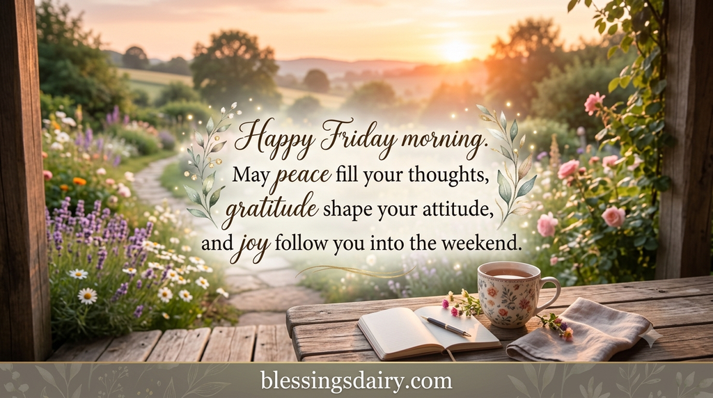 Peaceful Friday morning blessings with a calm sunrise
