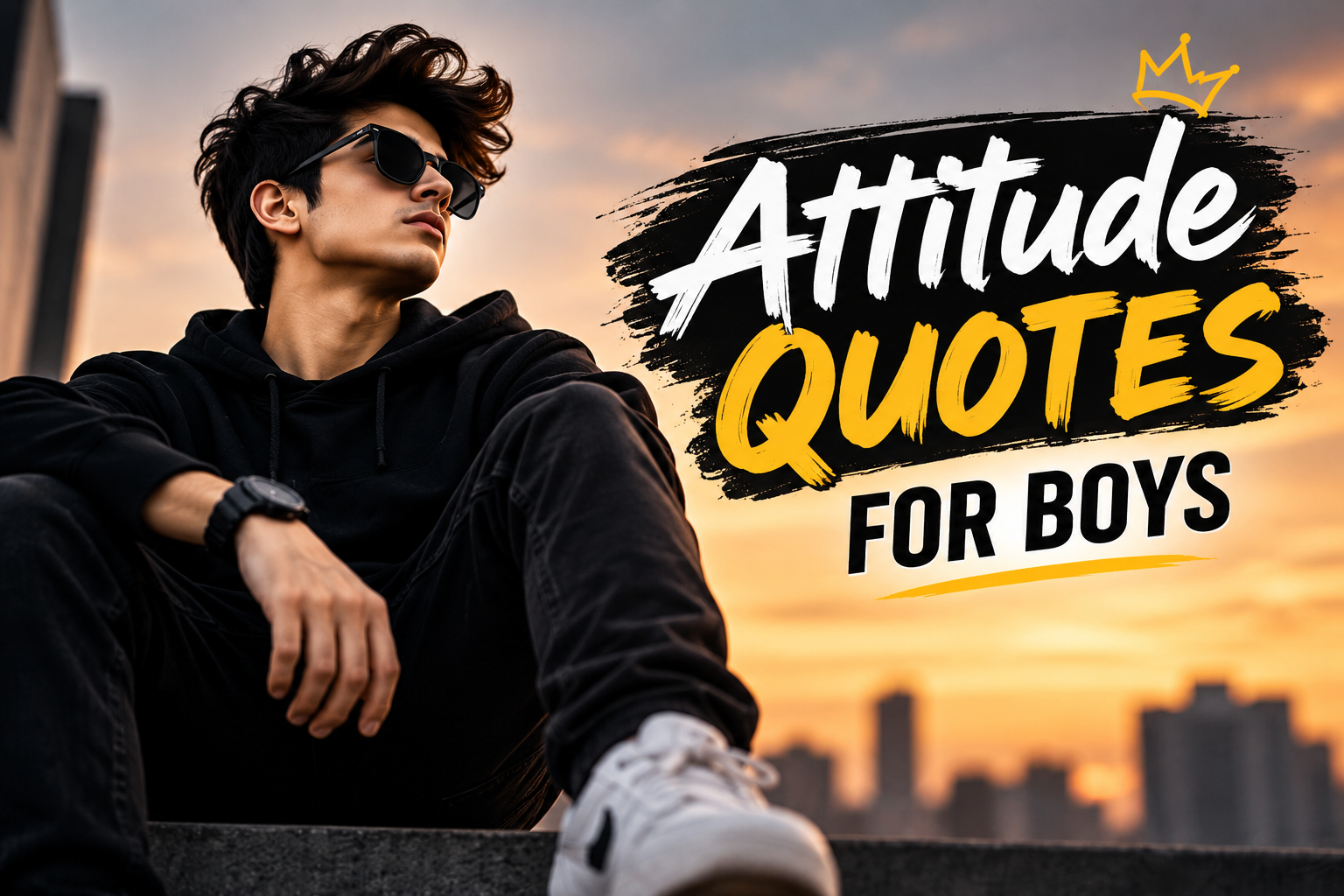Attitude quotes for boys with a confident young man in black sunglasses and bold typography