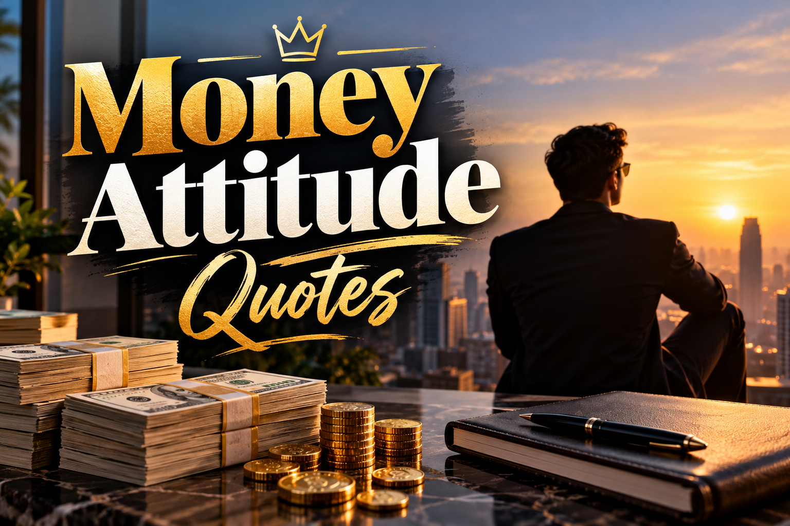 Money attitude quotes with gold coins and a luxury city skyline