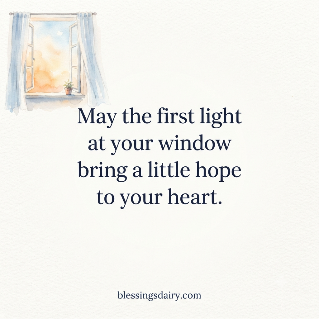Watercolor open window and sunrise with a Morning Blessing Quotes about the first light bringing hope.
