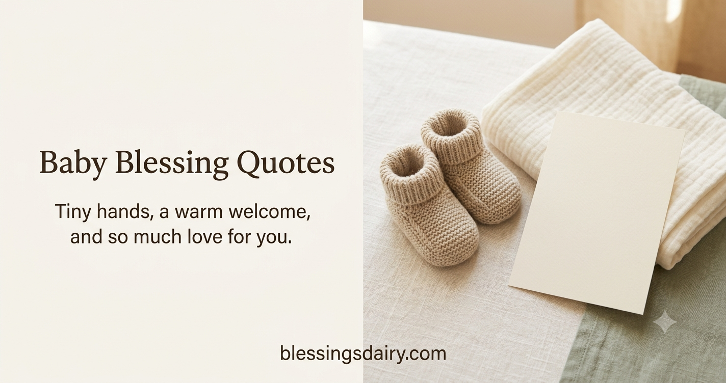 Tiny knitted booties and a keepsake card beside a warm baby blessing quote