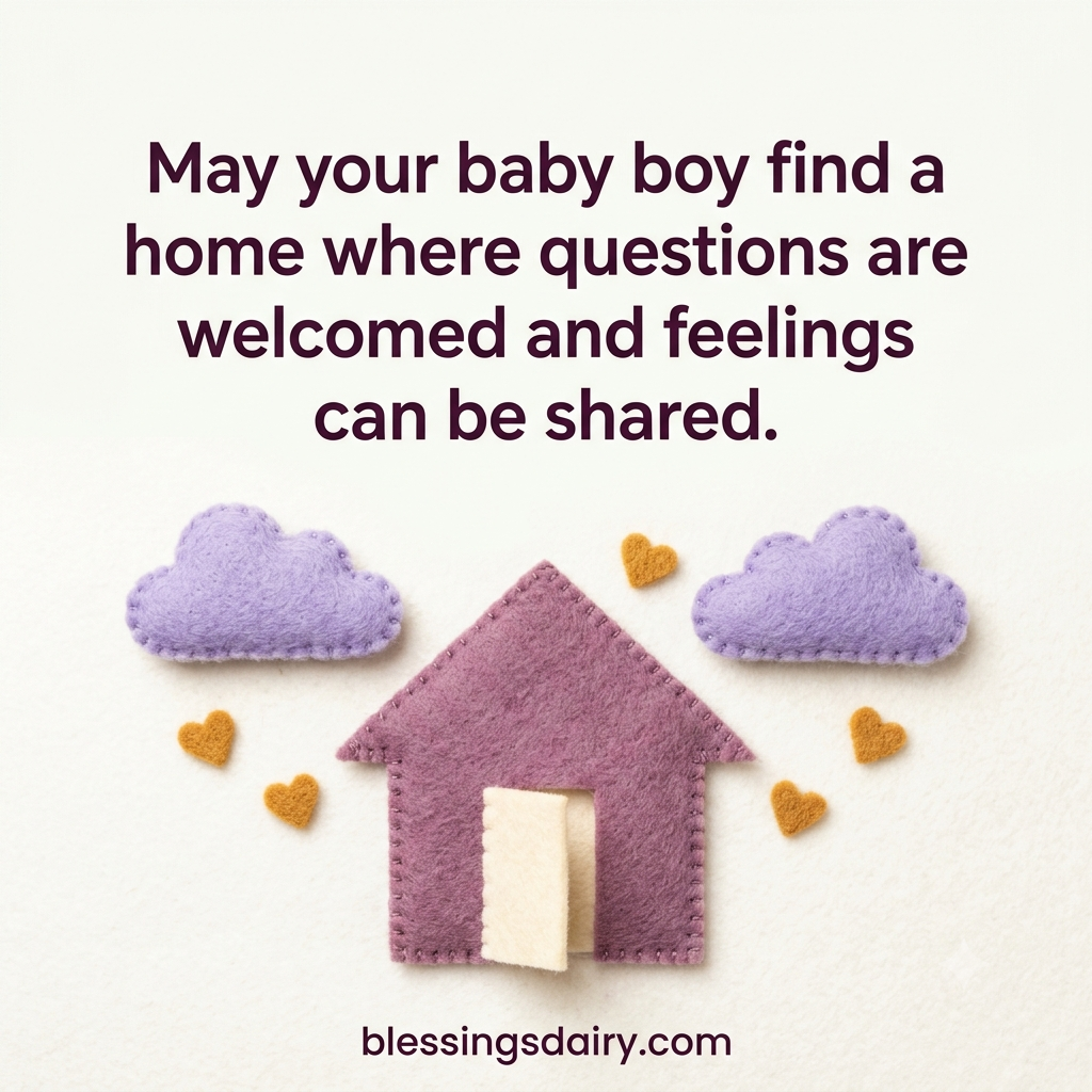  A soft felt house and heart shapes with a baby boy blessing about questions and feelings
