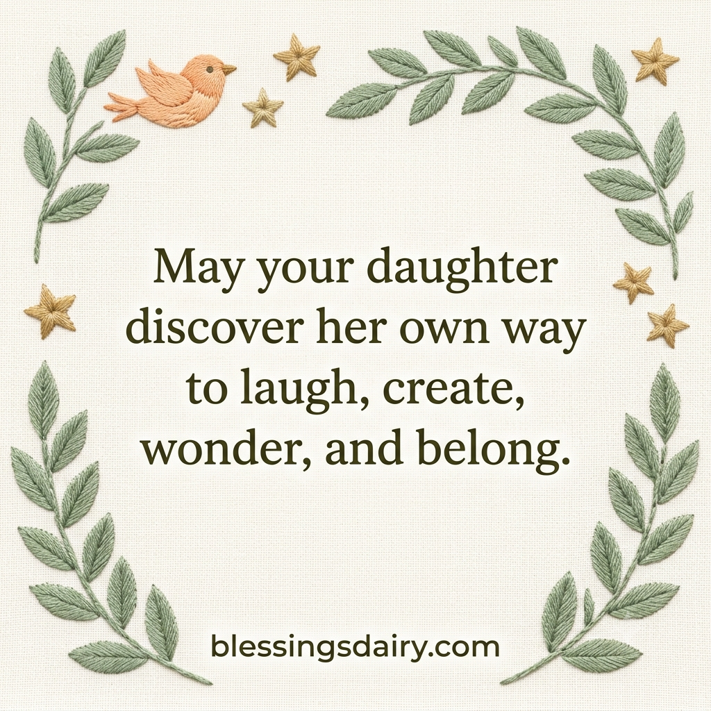 Embroidered leaves, bird and stars framing a blessing for a daughter's wonder and belonging