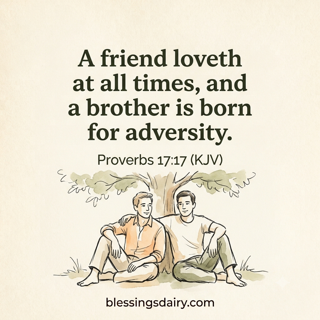 Warm ink drawing of two friends beside the KJV verse Proverbs 17:17