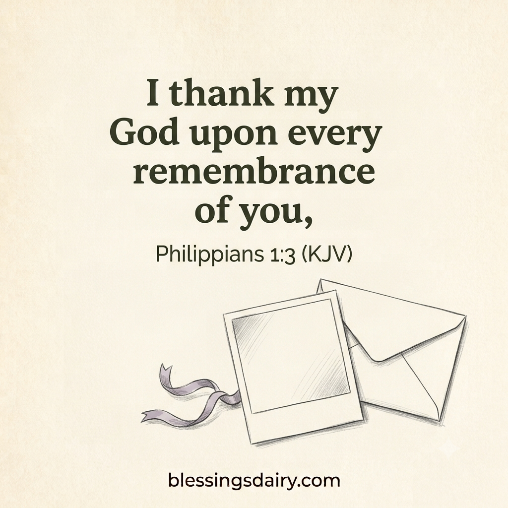 Graphite keepsake envelope and photograph beside Philippians 1:3 in KJV wording