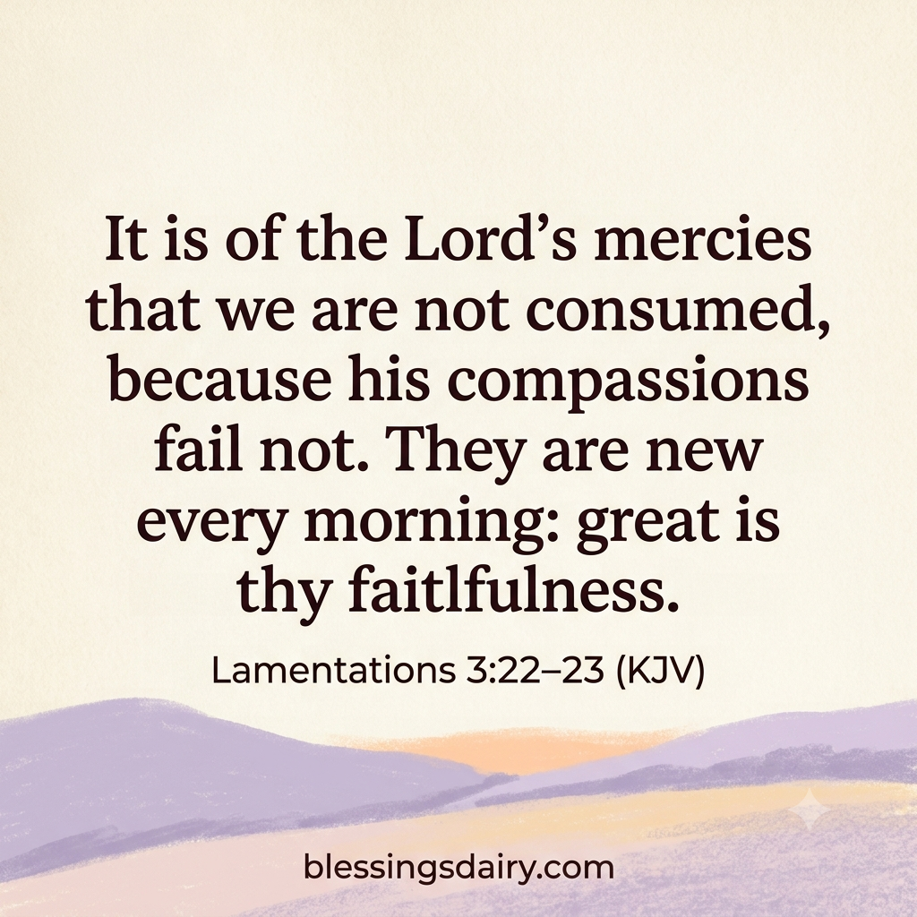 Pastel dawn hills beneath the full KJV selection in Lamentations 3:22–23