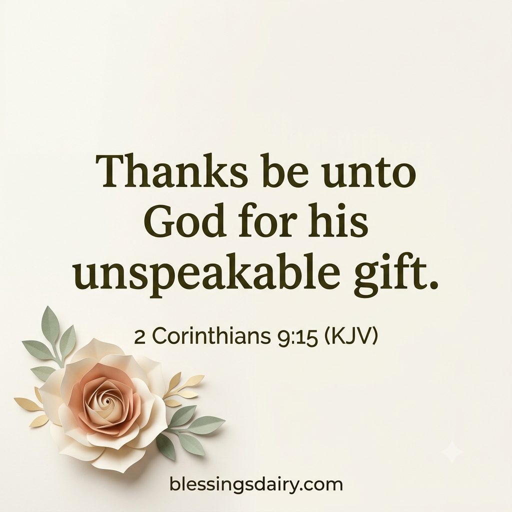 Layered paper blossom beside the KJV words of thanks in 2 Corinthians 9:15