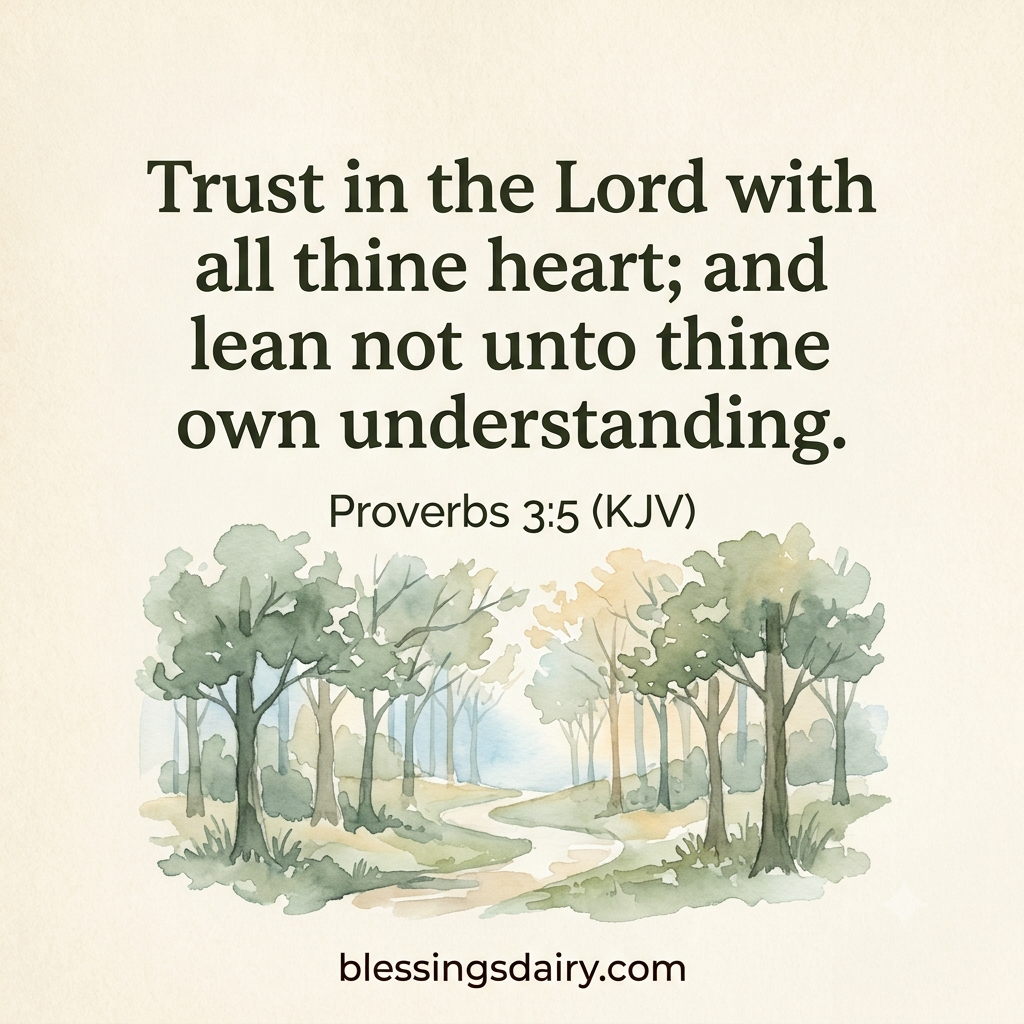 Watercolor woodland path beneath Proverbs 3:5 in the article's KJV wording