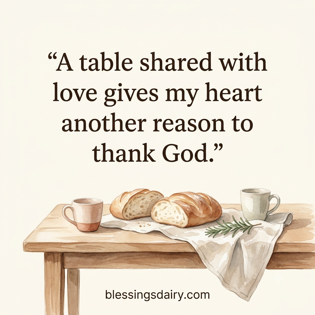Watercolor bread and cups on a shared table beneath a quote thanking God.