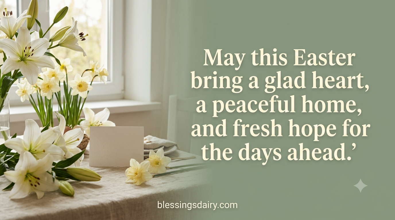 Sunlit lilies and daffodils on an Easter table beside a blessing for hope, peace, and joy.