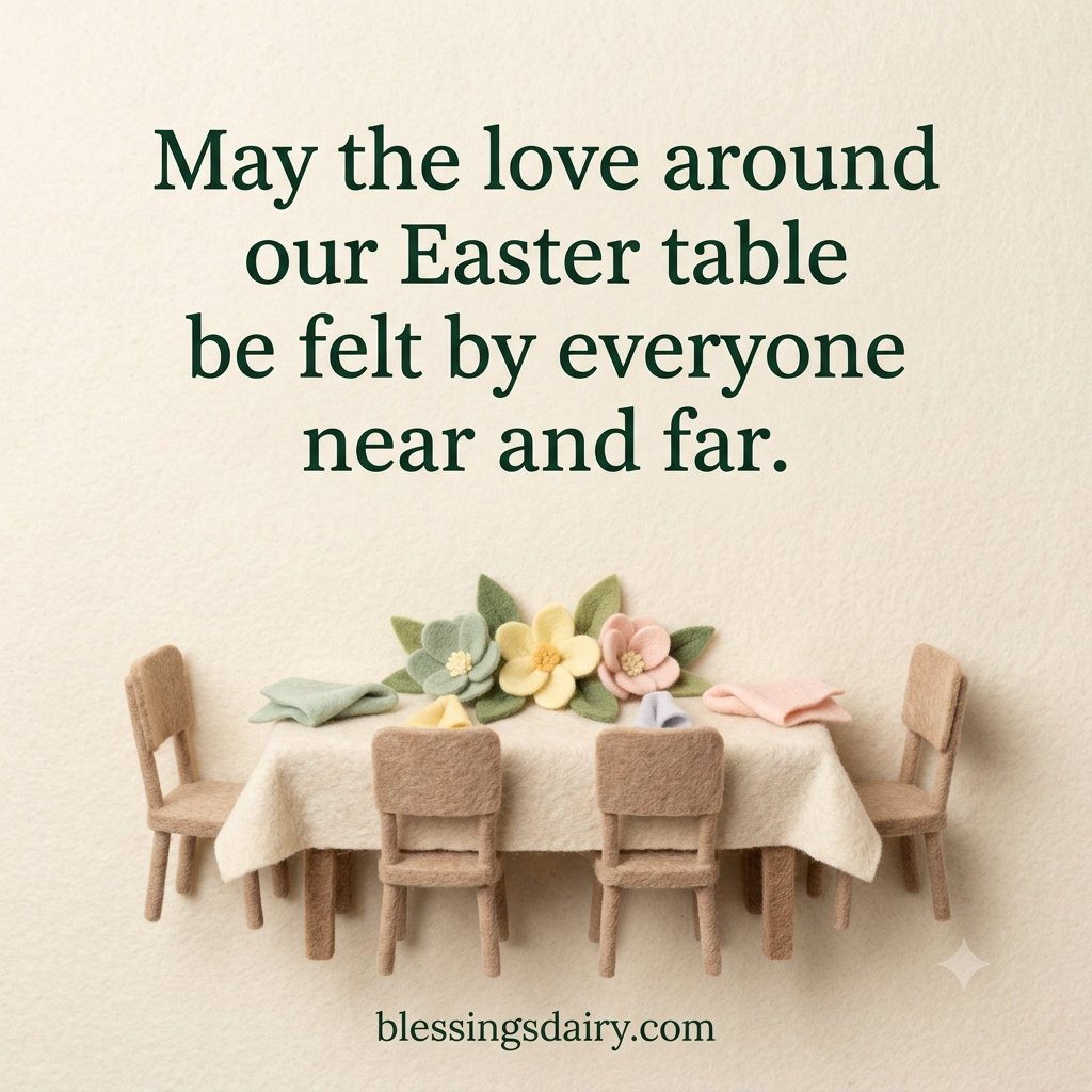 Felt Easter table and spring flowers below a blessing for loved ones near and far.