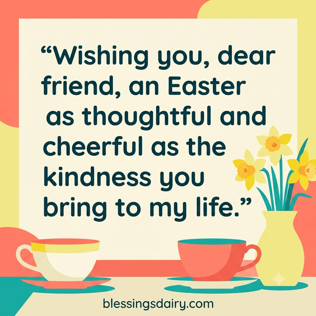  Illustrated teacups and daffodils beside an Easter wish thanking a dear friend for their kindness.
