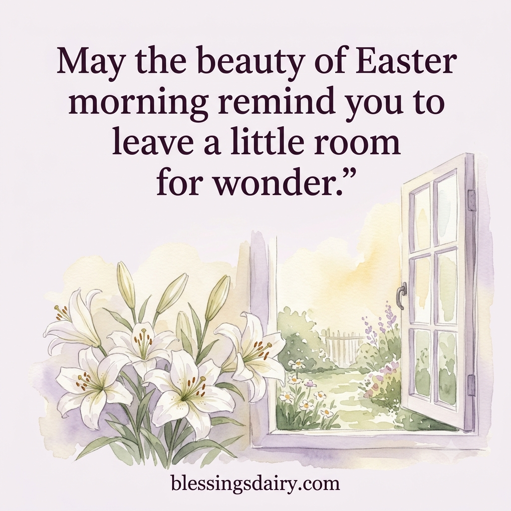 Watercolor lilies by a garden window with a blessing about Easter Blessing Quotes and morning wonder.