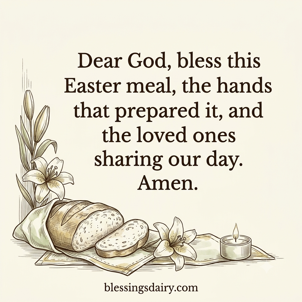 Ink-drawn Easter place setting with an original prayer for the meal and loved ones sharing the day.