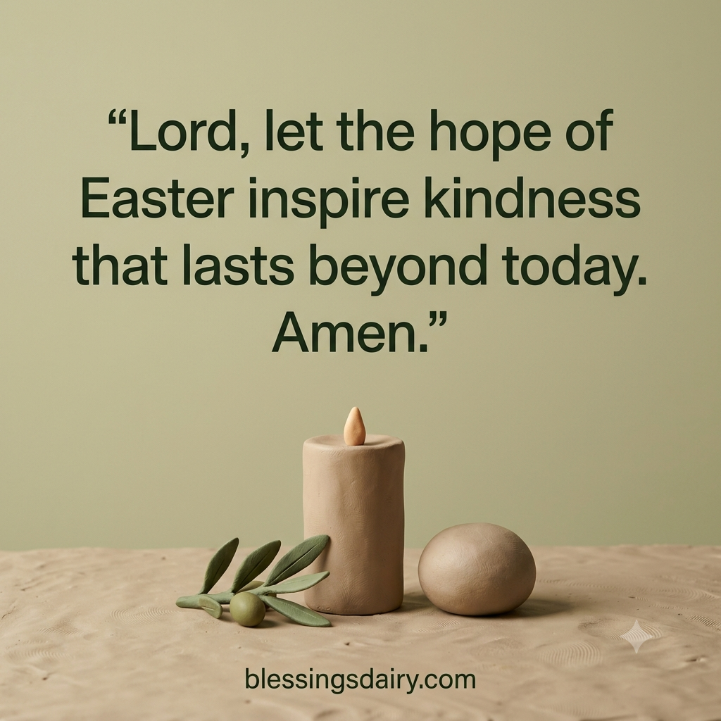 Clay candle and olive branch beneath a prayer for Easter hope to inspire lasting kindness.