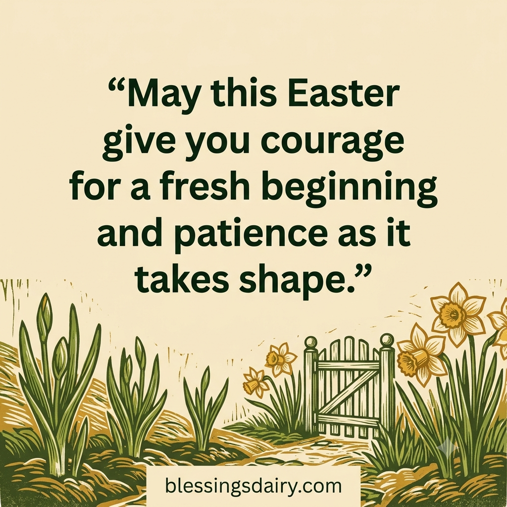 Linocut shoots and daffodils beside an Easter wish for courage and patience in a new beginning.