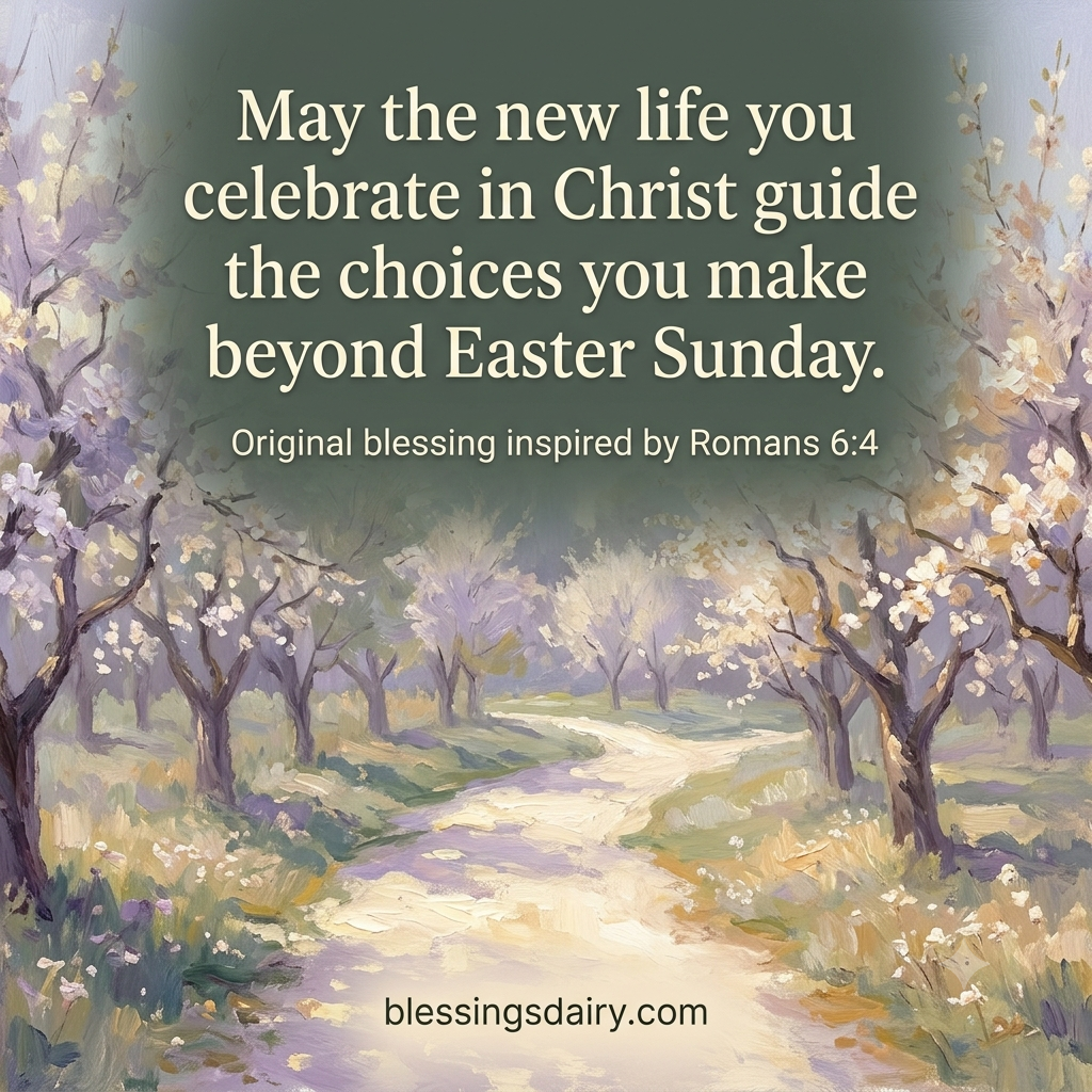Oil-painted orchard path beside an original Easter blessing inspired by Romans 6:4 about new life in Christ.
