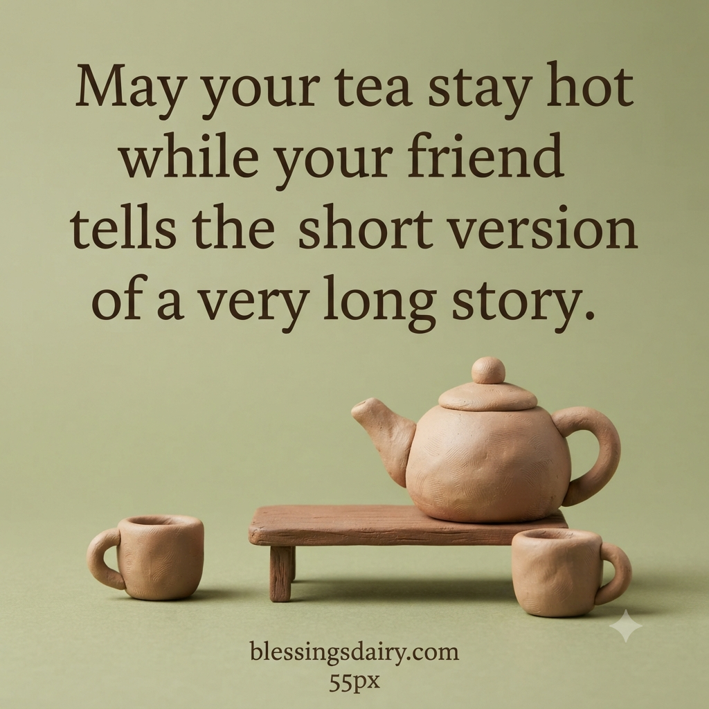  Clay teapot and cups below a funny blessing about tea staying hot during a friend’s story.
