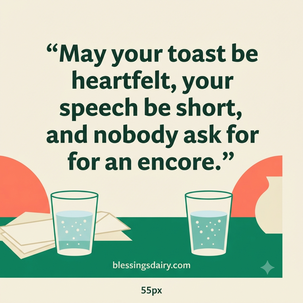 Playful illustrated glasses beneath a funny wish for a heartfelt toast and a short speech.

