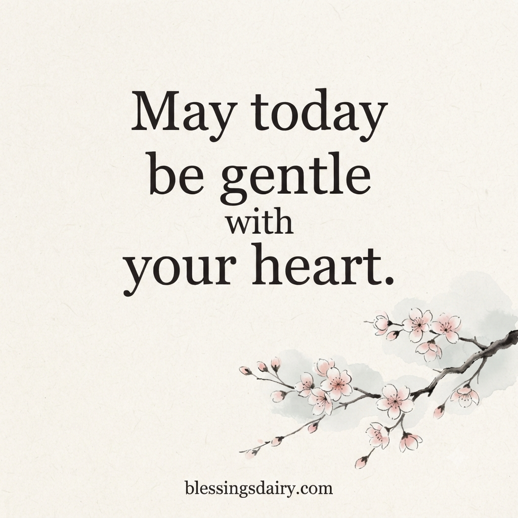 Minimal cherry blossom branch on cream paper with a wish for a gentle day.