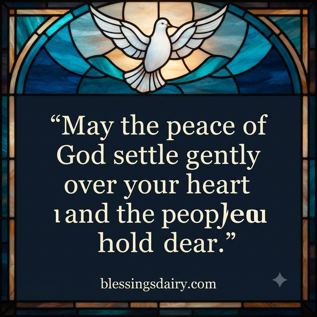 Stained-glass dove above a navy panel carrying a prayer for God’s peace.