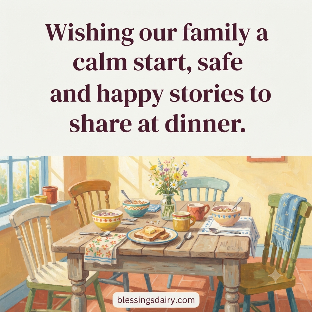  Colourful gouache breakfast table with a family blessing for a calm start and safe journeys.