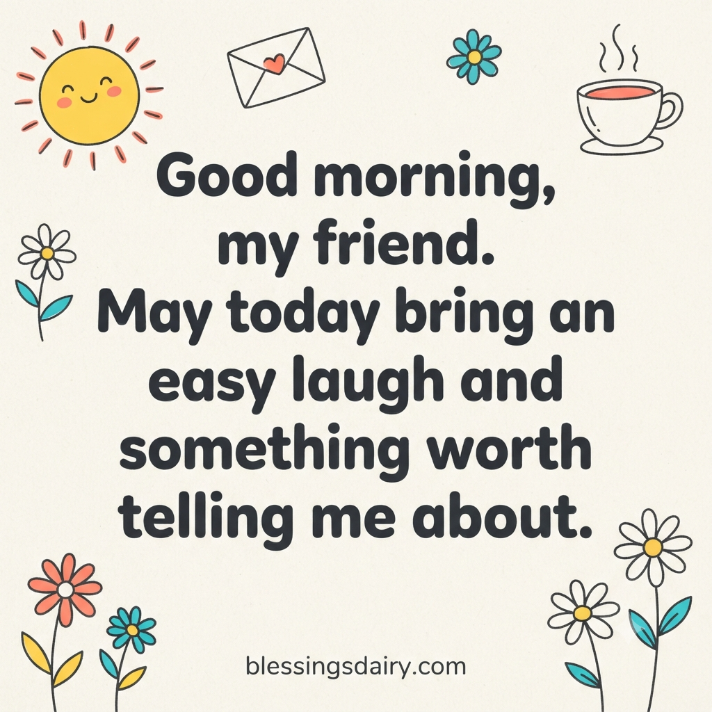 Cheerful sun, cup and letter doodles surrounding a good morning blessing for a friend.