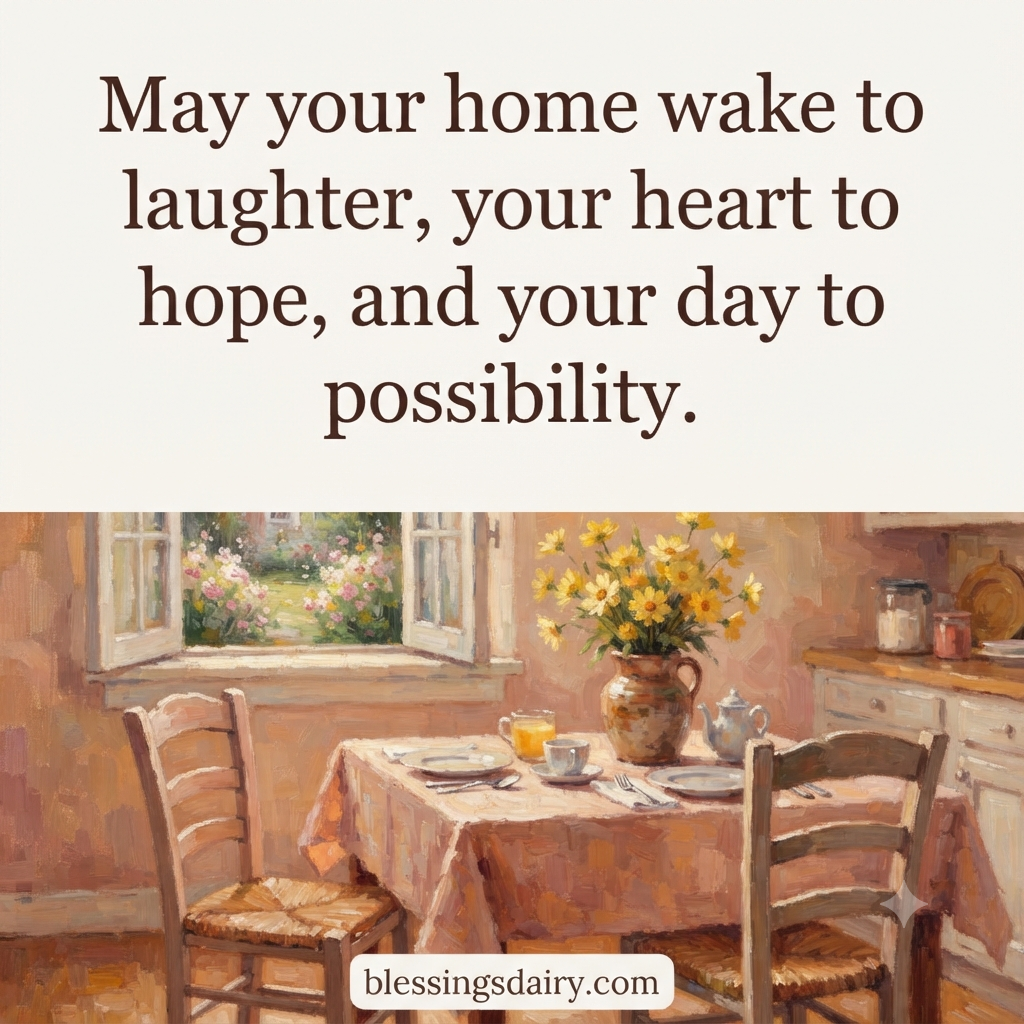 Oil-painted breakfast table and yellow flowers with a blessing for laughter, hope and possibility.
