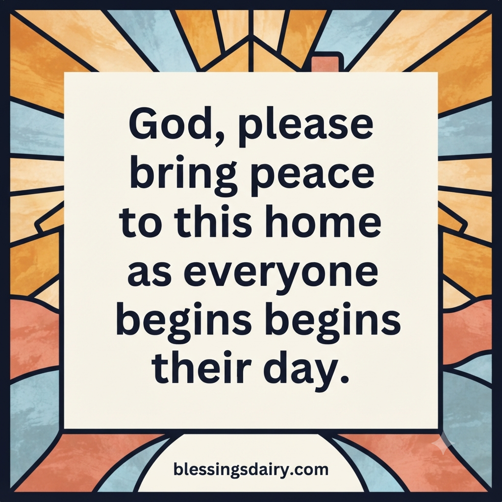 Stained-glass home and sunrise framing a morning prayer for peace in the household.