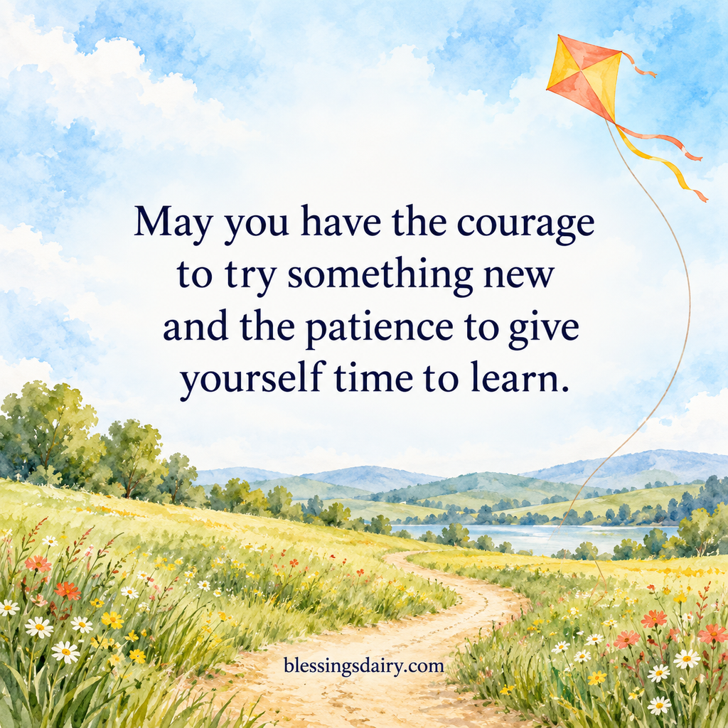 Watercolor kite above a meadow with a parent blessing for courage to try and patience to learn.
