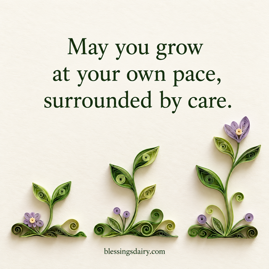 Quilled paper shoots surrounding a blessing to grow at your own pace, surrounded by care.
