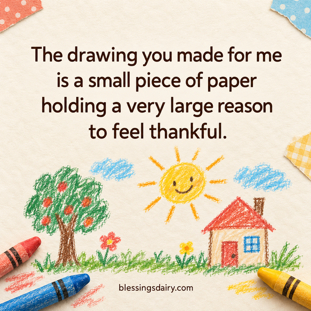 Child's crayon drawing beside a quote about a child's drawing being a reason for gratitude.
